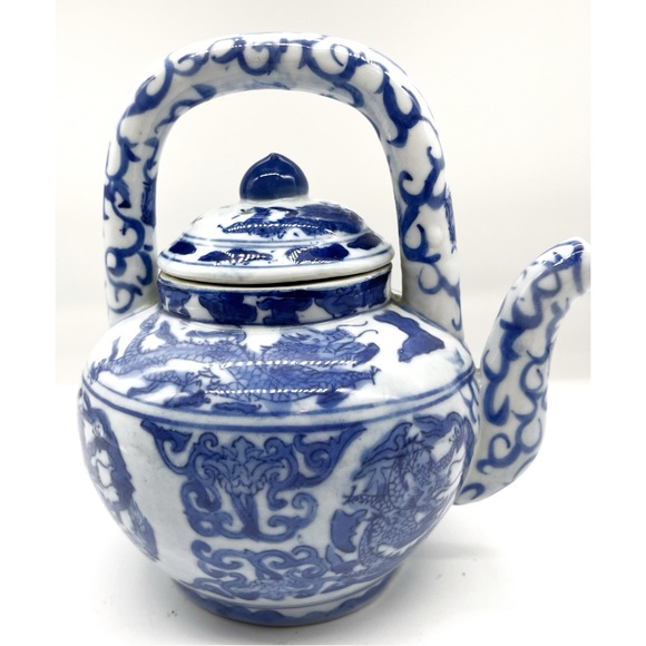 VTG Chinese Teapot Porcelain Upright Handle S Shaped Spout with Dragon Design - Picture 3 of 11